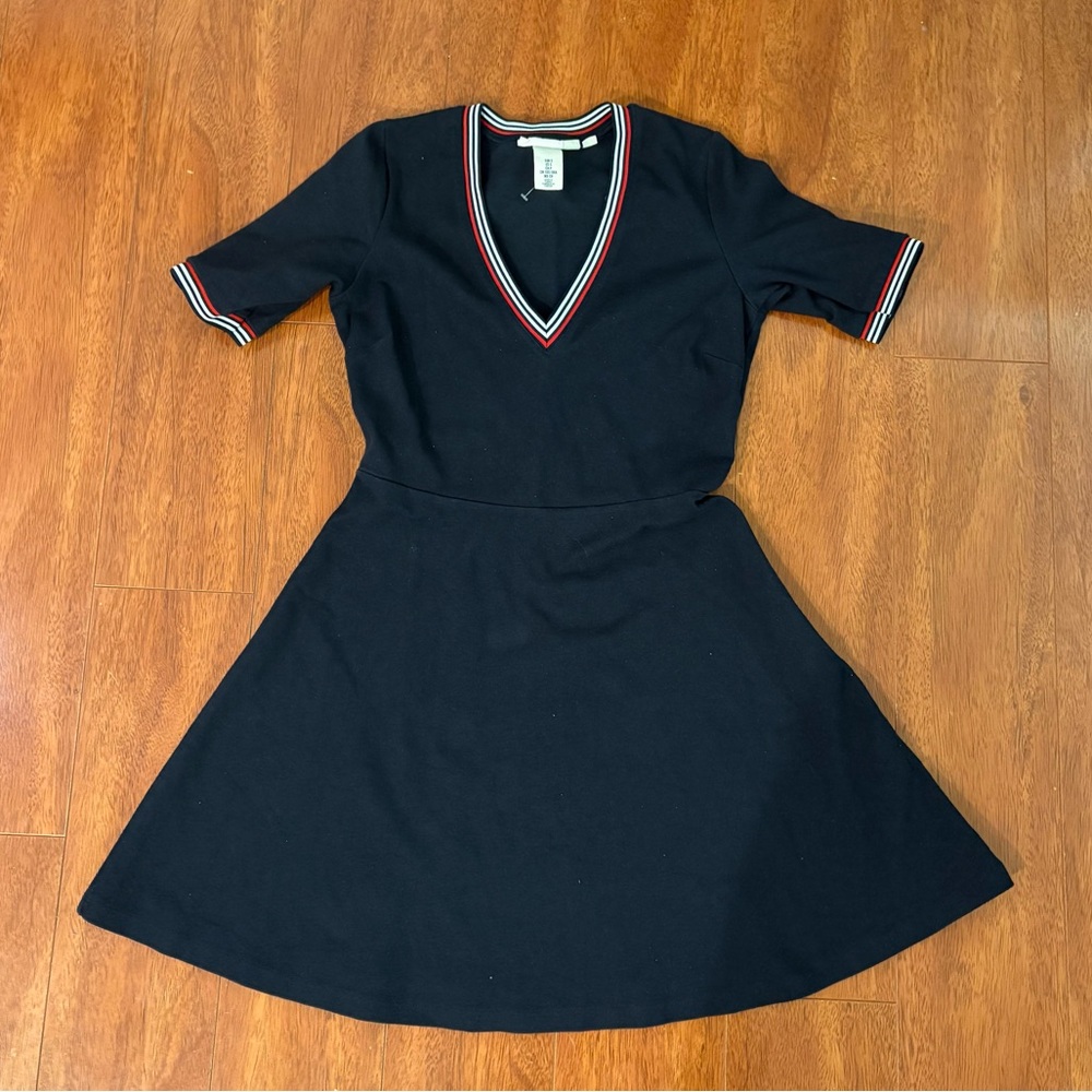 H&M Navy A-Line V-neck Dress with Red & White Trim